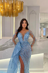 Blue Prom Dress Long Sleeve Mermaid Beaded Evening Dress