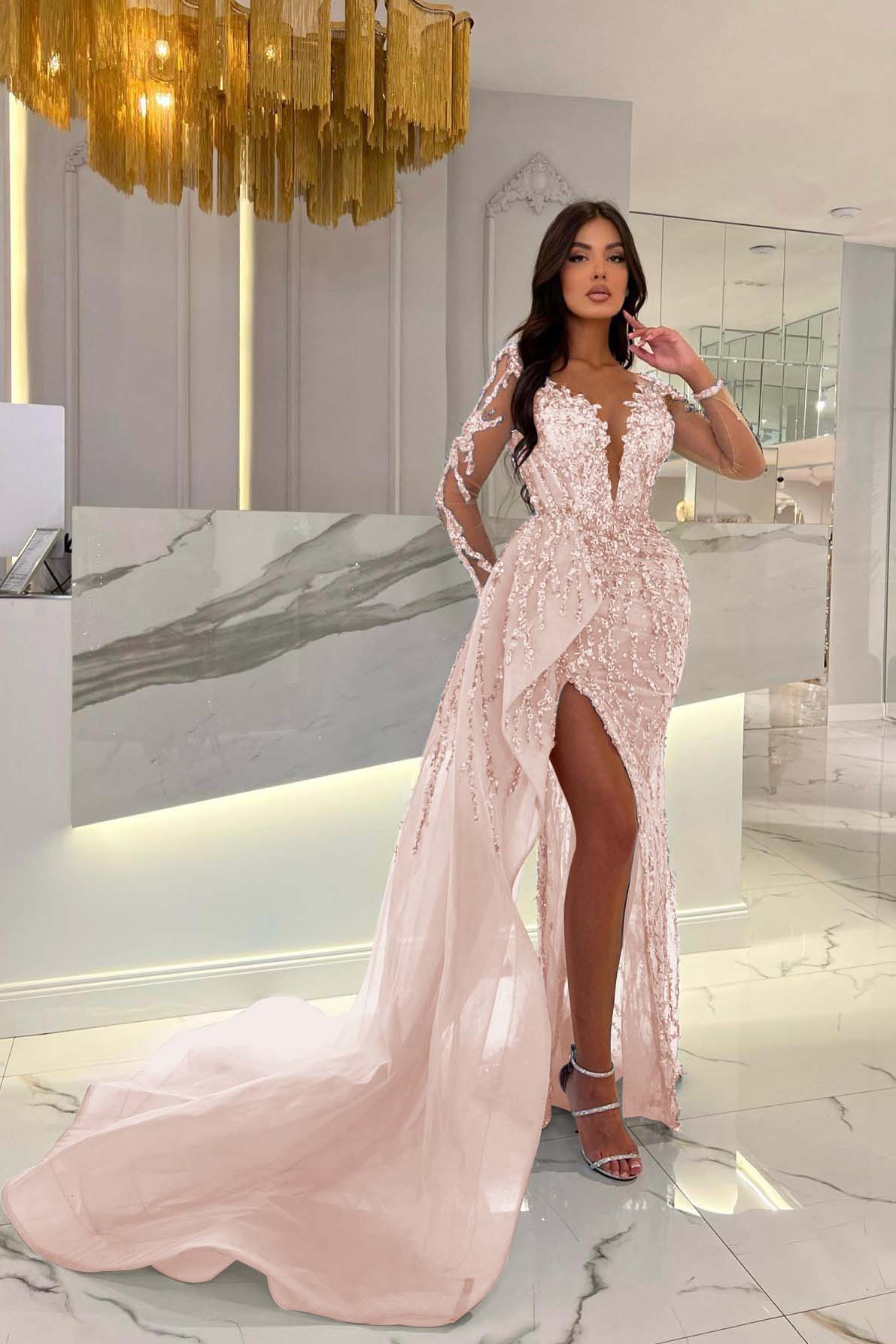Blue Prom Dress Long Sleeve Mermaid Beaded Evening Dress