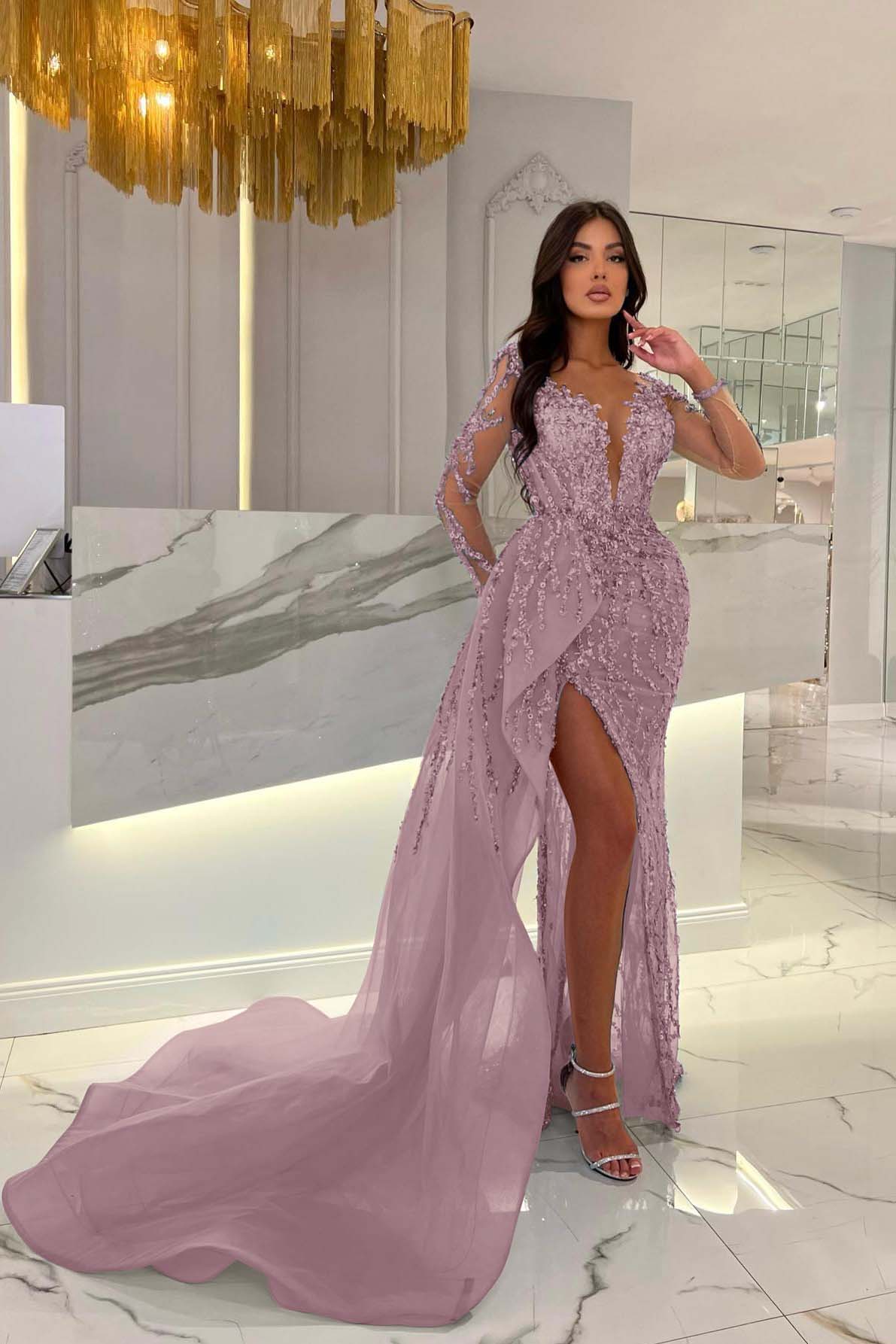 Blue Prom Dress Long Sleeve Mermaid Beaded Evening Dress