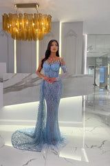 Blue Prom Dress Long Sleeve One Shoulder Mermaid Beaded Evening Dress