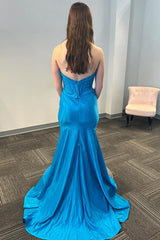 Blue Prom Dress Mermaid Beaded Strapless Long Evening Dress