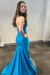 Blue Prom Dress Mermaid Beaded Strapless Long Evening Dress