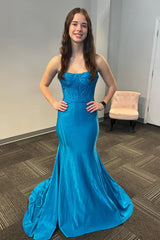 Blue Prom Dress Mermaid Beaded Strapless Long Evening Dress