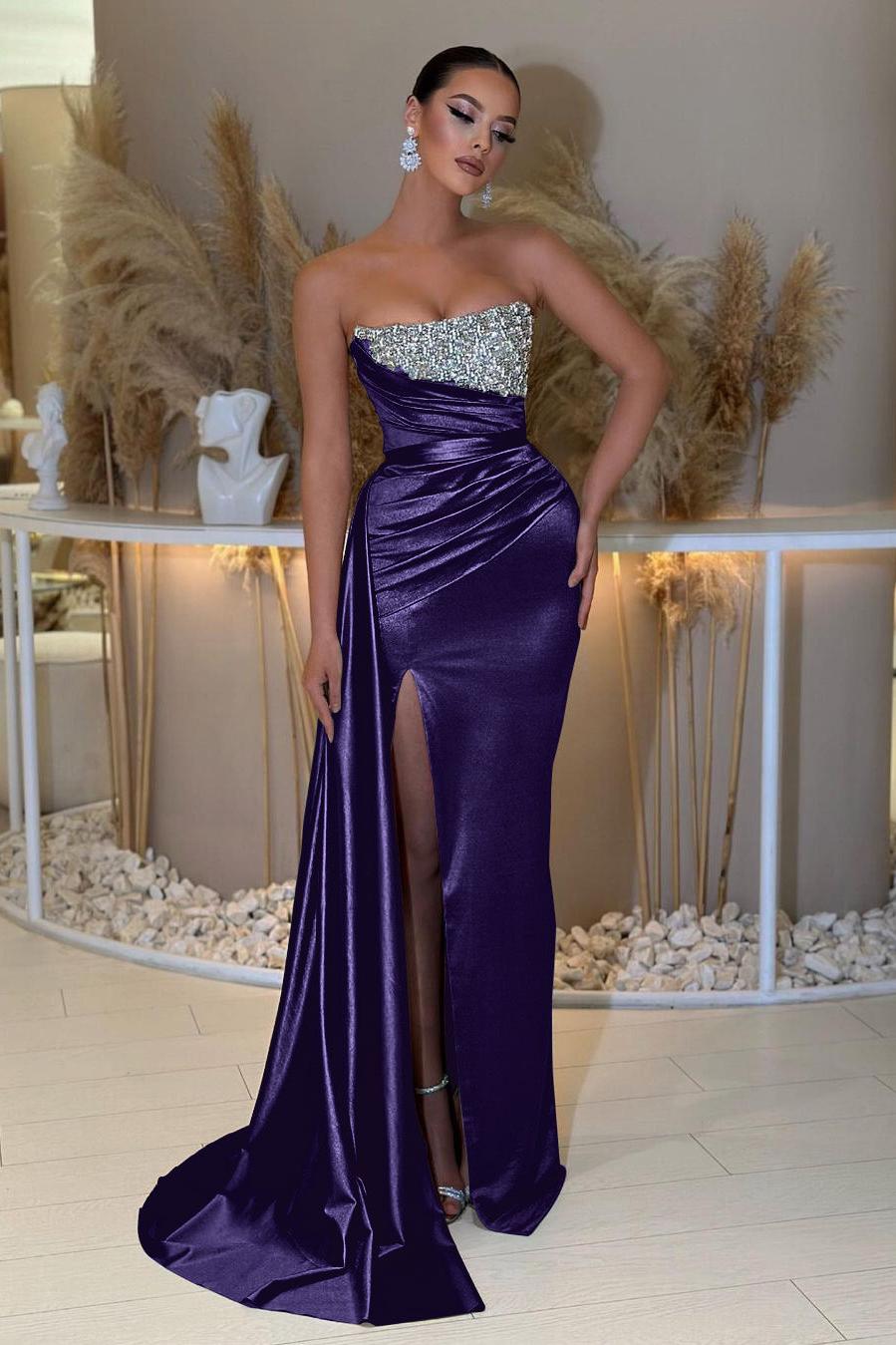Blue Prom Dress Mermaid Sleeveless Strapless Beaded Evening Dress