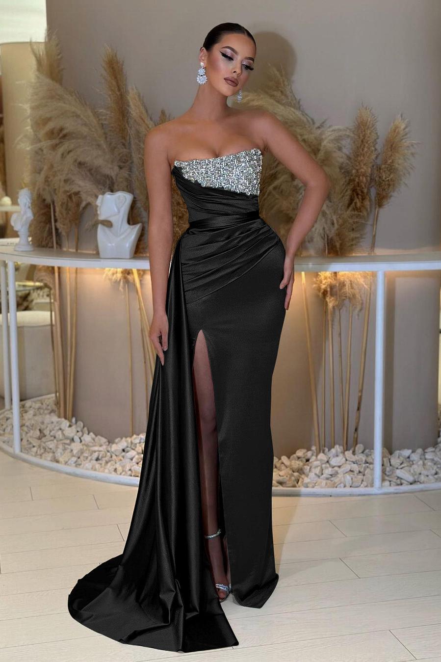 Blue Prom Dress Mermaid Sleeveless Strapless Beaded Evening Dress