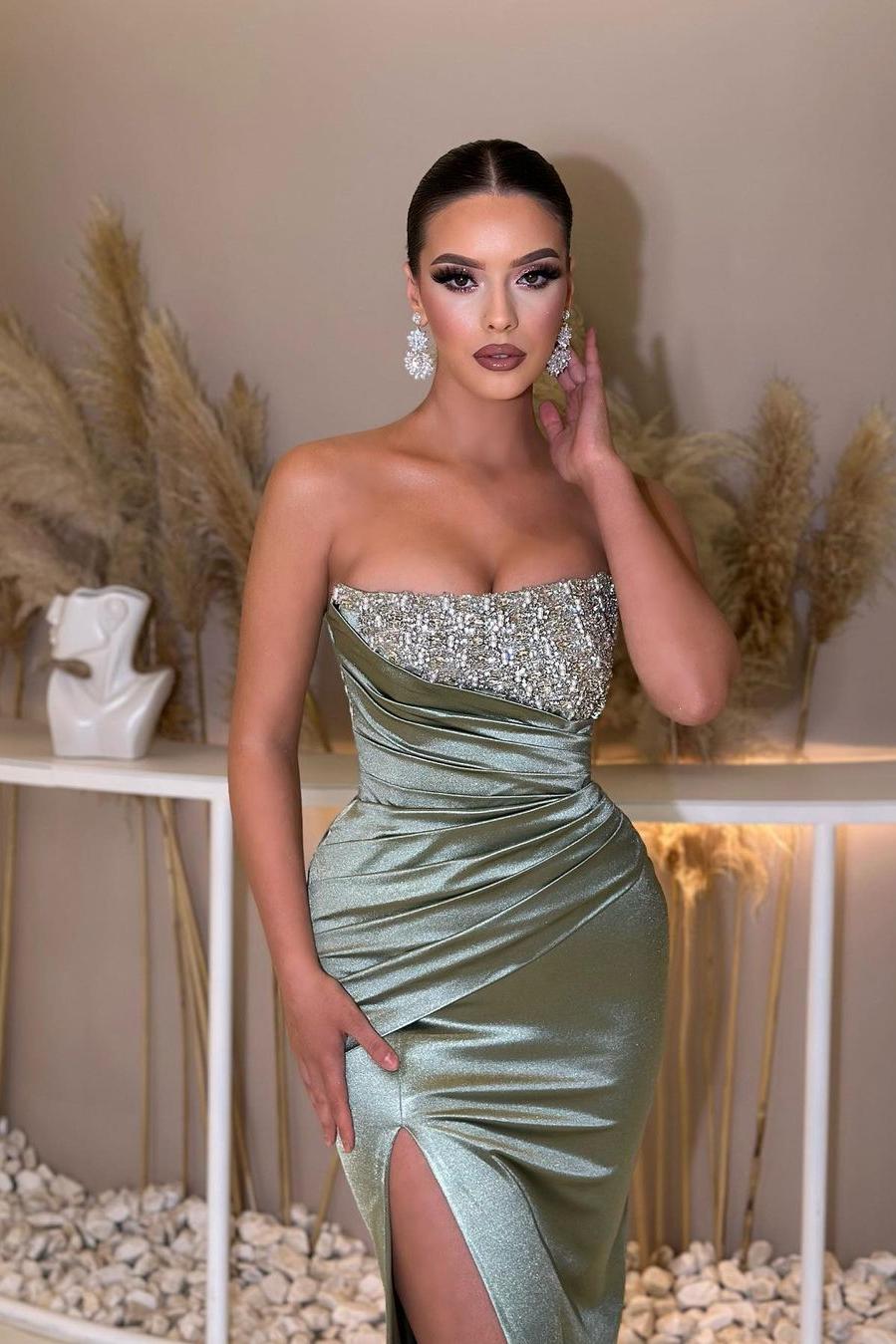 Blue Prom Dress Mermaid Sleeveless Strapless Beaded Evening Dress