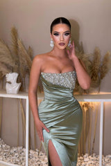 Blue Prom Dress Mermaid Sleeveless Strapless Beaded Evening Dress