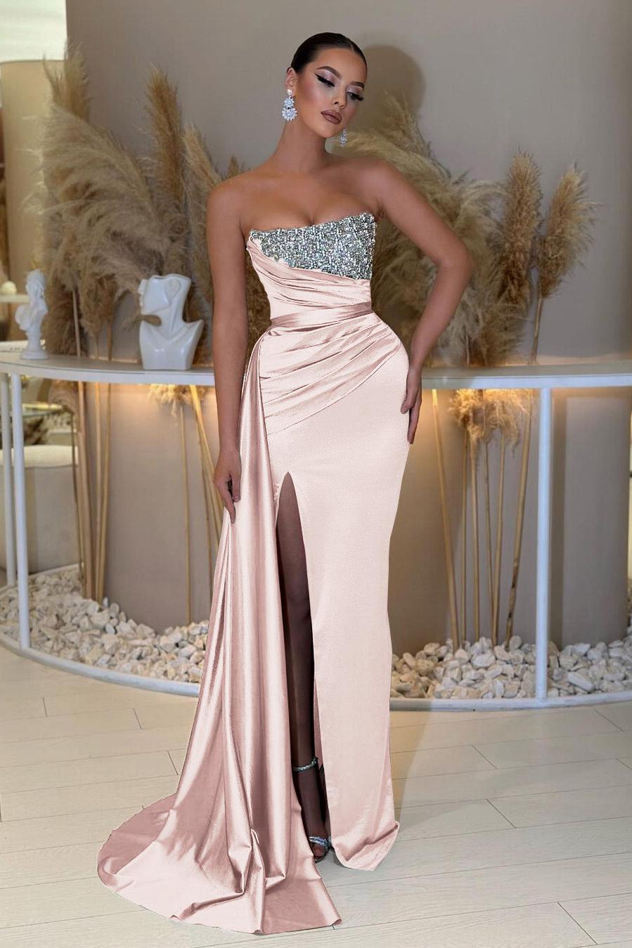 Blue Prom Dress Mermaid Sleeveless Strapless Beaded Evening Dress