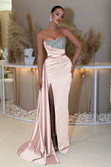 Blue Prom Dress Mermaid Sleeveless Strapless Beaded Evening Dress