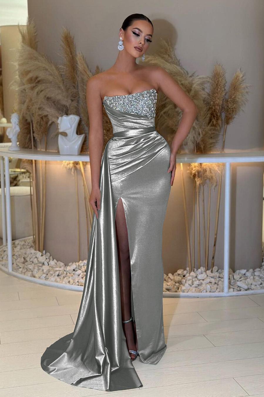 Blue Prom Dress Mermaid Sleeveless Strapless Beaded Evening Dress