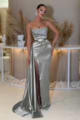 Blue Prom Dress Mermaid Sleeveless Strapless Beaded Evening Dress