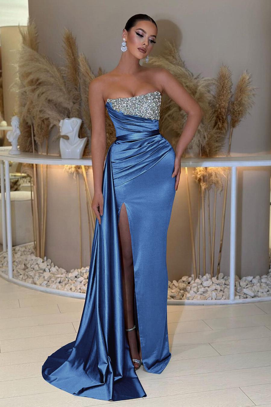 Blue Prom Dress Mermaid Sleeveless Strapless Beaded Evening Dress