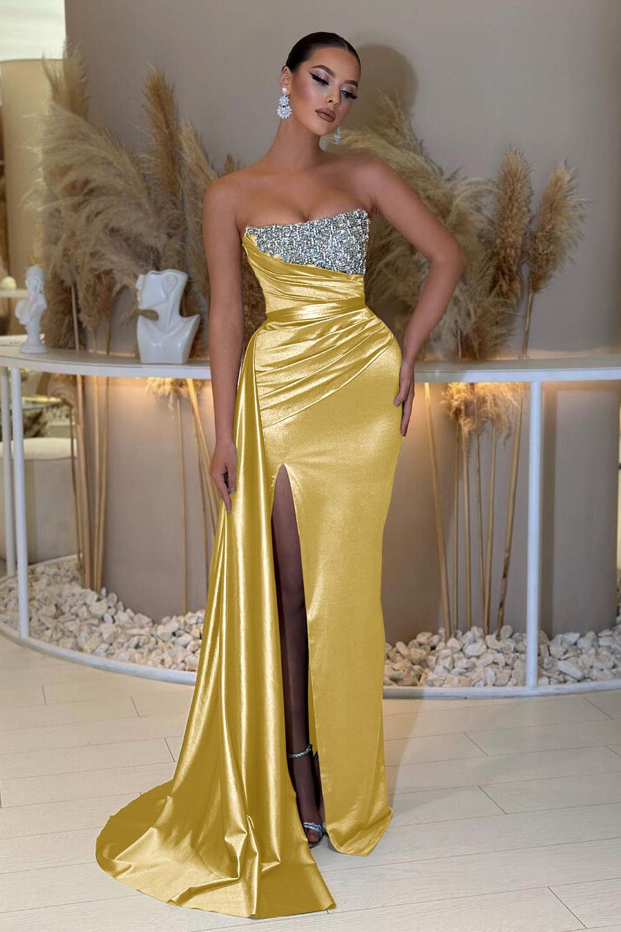 Blue Prom Dress Mermaid Sleeveless Strapless Beaded Evening Dress