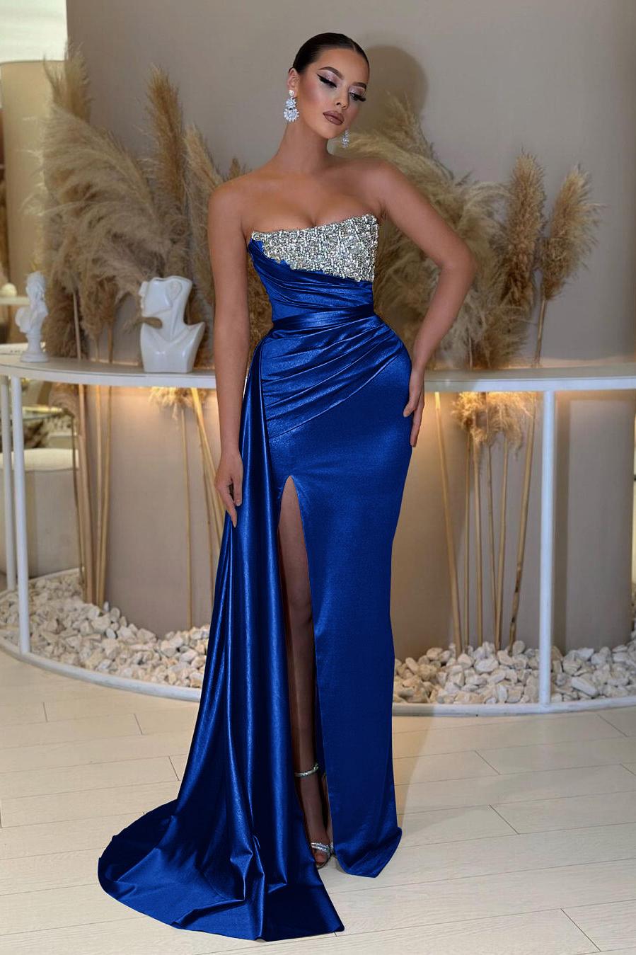 Blue Prom Dress Mermaid Sleeveless Strapless Beaded Evening Dress