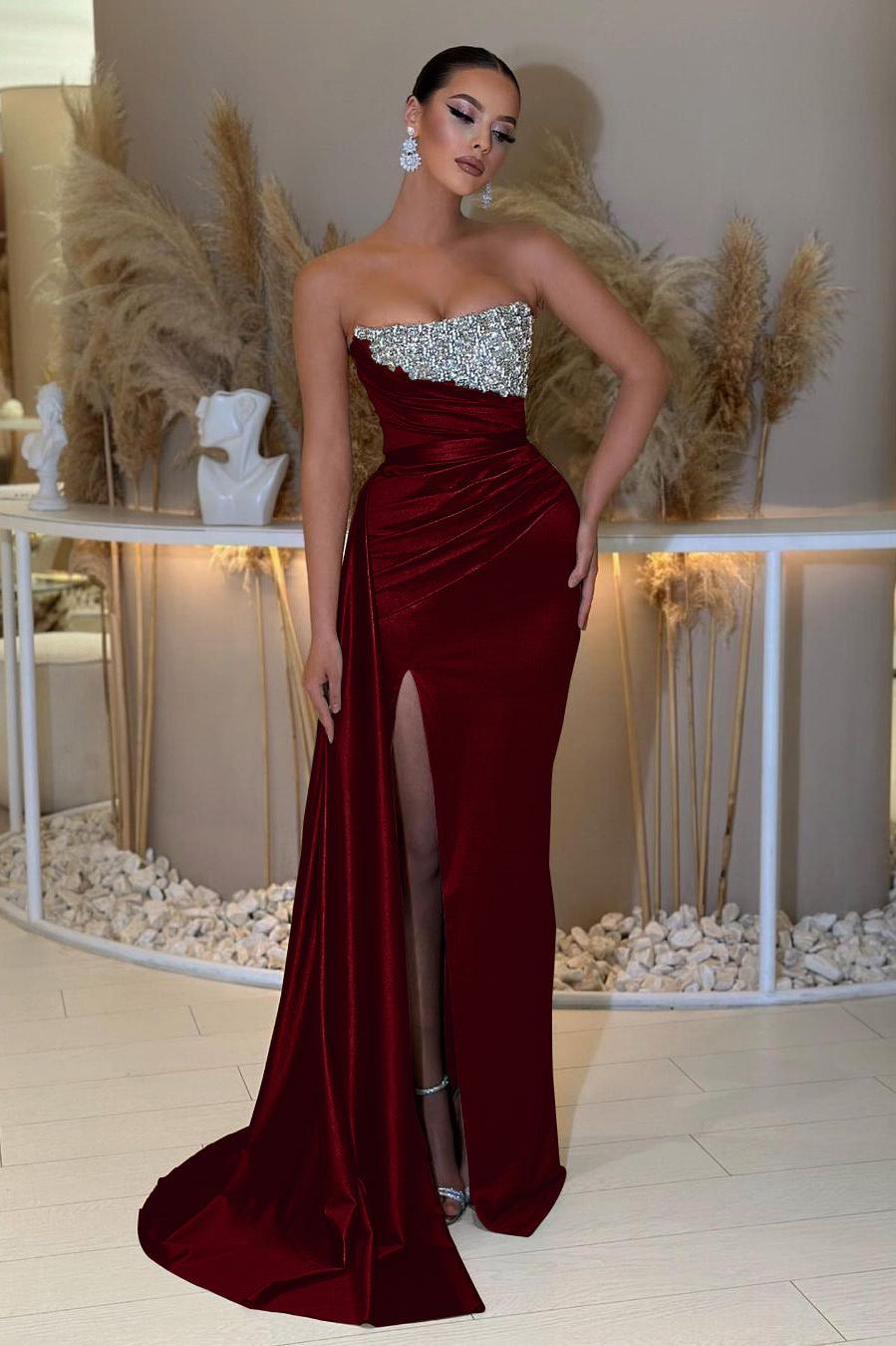 Blue Prom Dress Mermaid Sleeveless Strapless Beaded Evening Dress