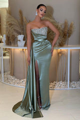 Blue Prom Dress Mermaid Sleeveless Strapless Beaded Evening Dress