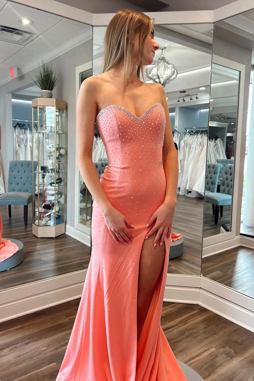 Blue Prom Dress Mermaid Sweetheart Beaded Long Evening Dress with Slit