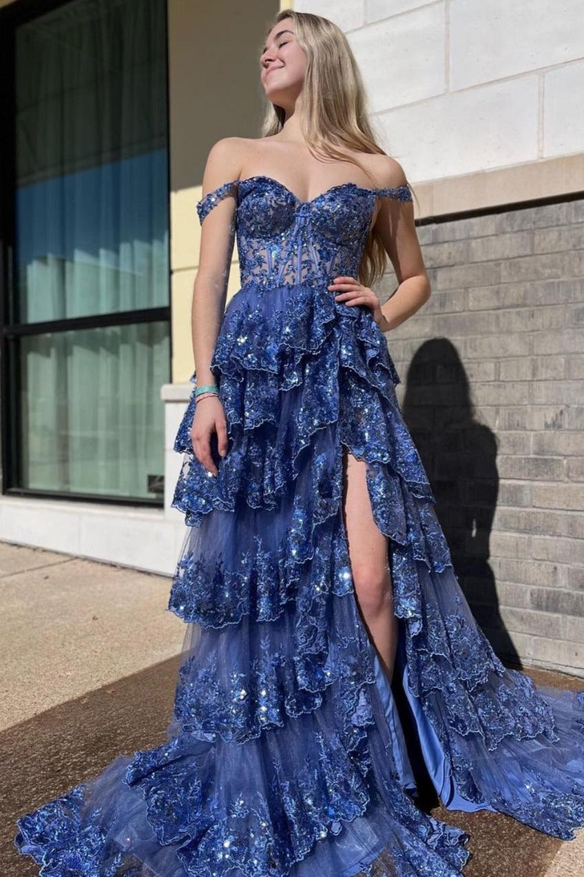 Blue Prom Dress Off The Shoulder Tiered Lace Evening Dress