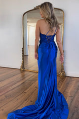 Blue Prom Dress One Shoulder Mermaid Satin Long Formal Dress With Slit