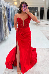 Blue Prom Dress One Shoulder Mermaid Satin Long Formal Dress With Slit
