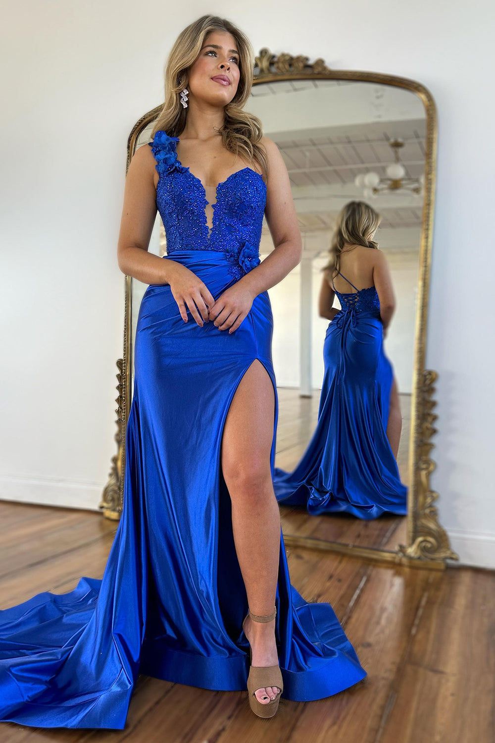 Blue Prom Dress One Shoulder Mermaid Satin Long Formal Dress With Slit