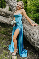 Blue Prom Dress Rhinestones Wrap Ruched Satin Long Mermaid Formal Dress With Slit