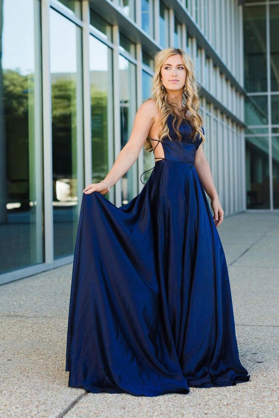 Blue Prom Dress Satin Long Backless Evening Dress