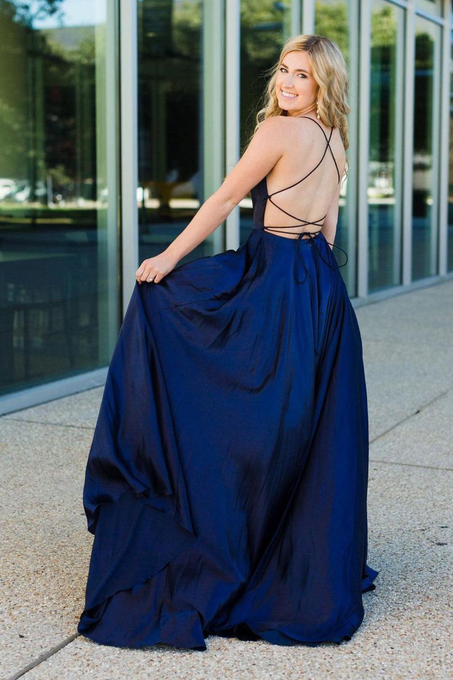 Blue Prom Dress Satin Long Backless Evening Dress