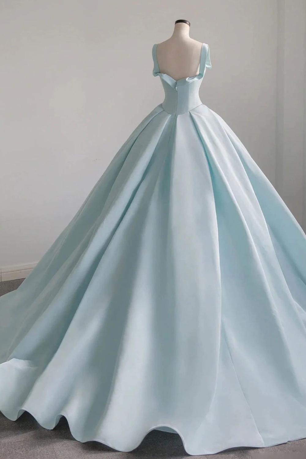 Blue Prom Dress Satin Sweep Train Long Evening Dress