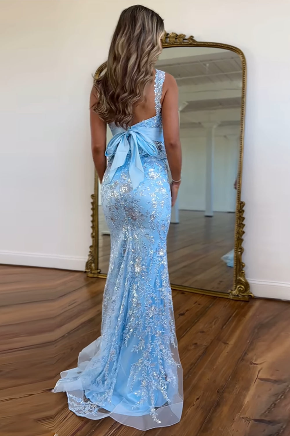 Blue Prom Dress Sequined Long Mermaid Formal Dress With Bow
