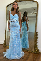 Blue Prom Dress Sequined Long Mermaid Formal Dress With Bow