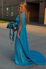 Blue Prom Dress Sequined Mermaid One Shoulder Long Evening Dress With Slit