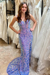 Blue Prom Dress Sequined Mermaid Tassels Spaghetti Straps Long Evening Dress With Slit