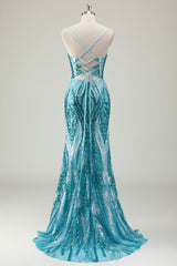 Blue Prom Dress Spaghetti Straps Mermaid Long Evening Dress with Slit
