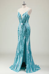 Blue Prom Dress Spaghetti Straps Mermaid Long Evening Dress with Slit