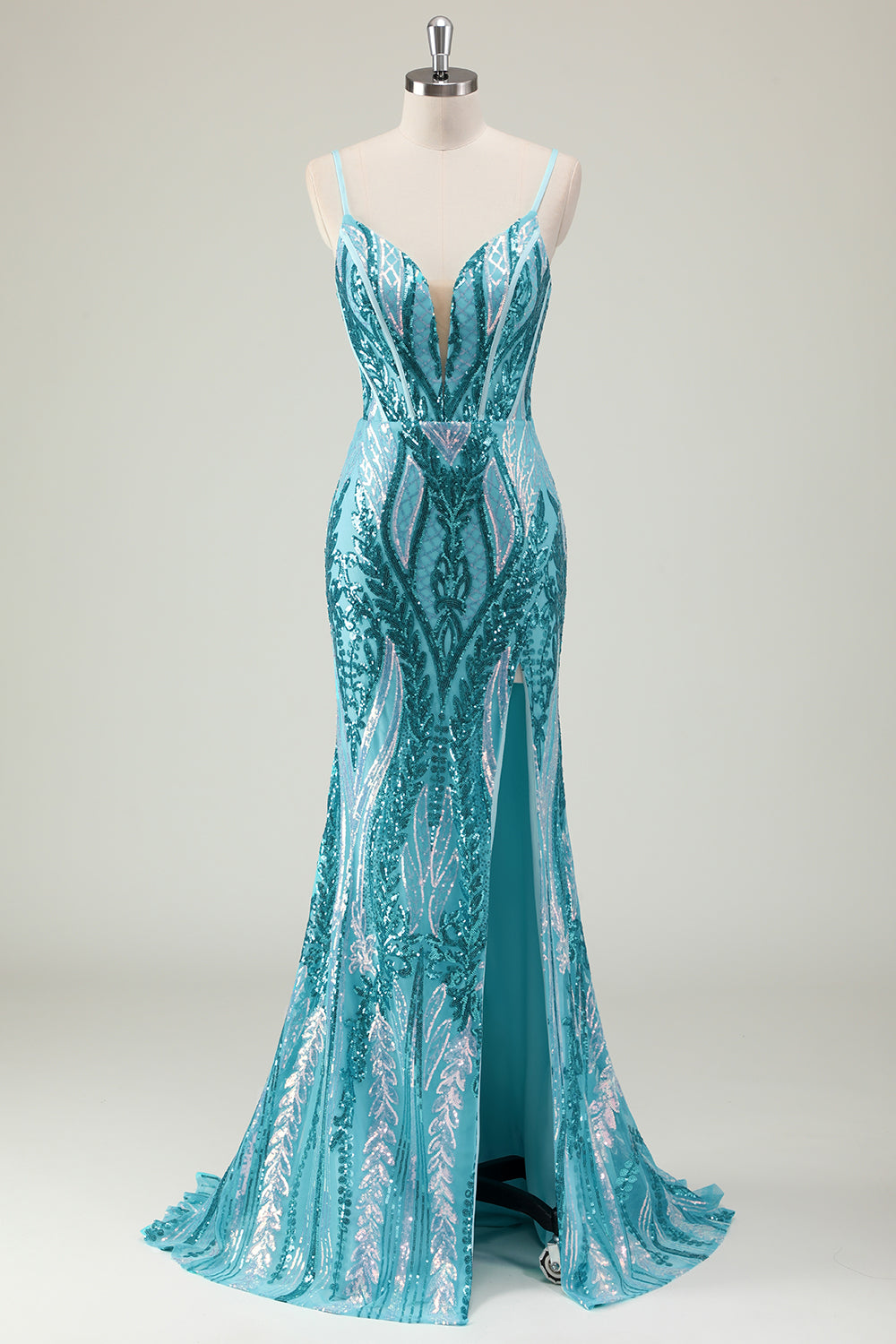 Blue Prom Dress Spaghetti Straps Mermaid Long Evening Dress with Slit
