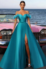 Blue Prom Dress Sweetheart A Line Off The Shoulder Sleeveless Backless Satin Formal Dress With Slit