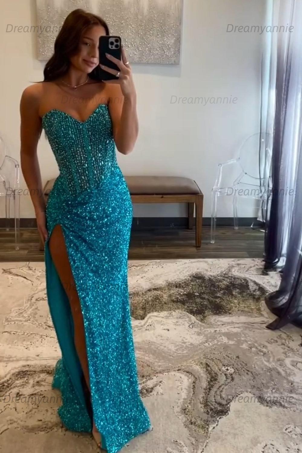 Blue Prom Dress Sweetheart Long Evening Dress with Slit