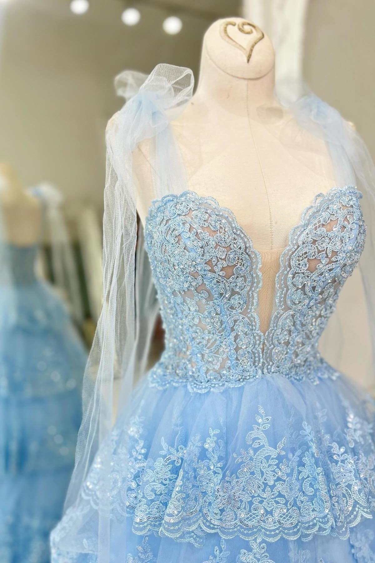 Blue Prom Dress Tiered Lace A Line Corset Long Evening Dress