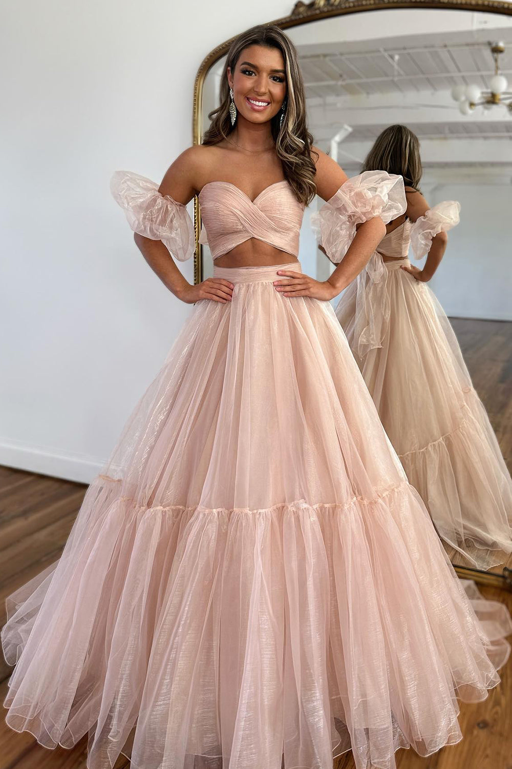 Blue Prom Dress Two Piece Detachable Sleeves A Line Long Evening Dress