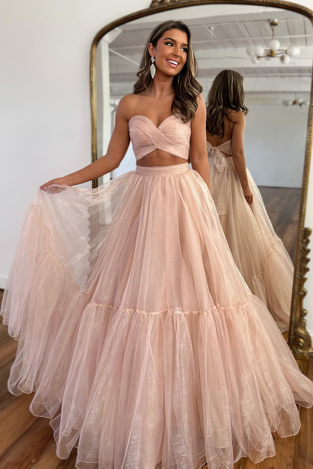 Blue Prom Dress Two Piece Detachable Sleeves A Line Long Evening Dress
