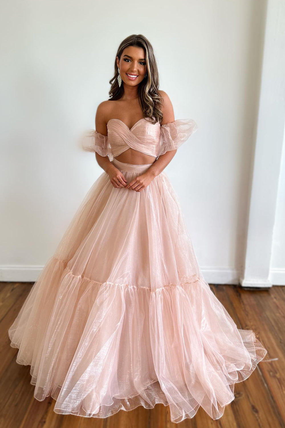 Blue Prom Dress Two Piece Detachable Sleeves A Line Long Evening Dress
