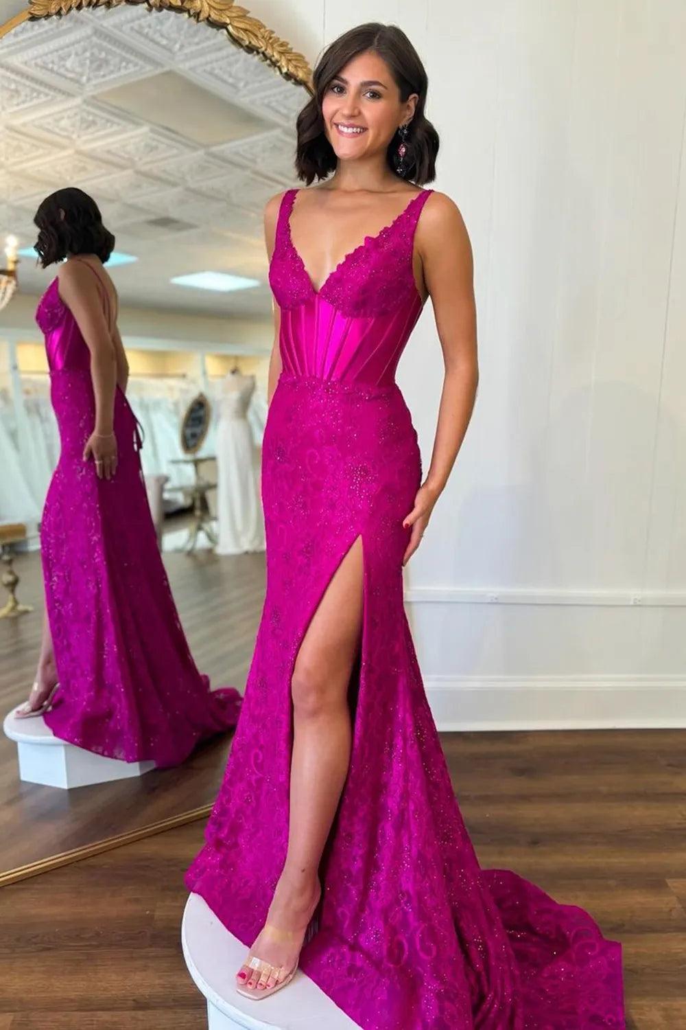 Blue Prom Dress V Neck Mermaid Corset Long Evening Dress with Slit