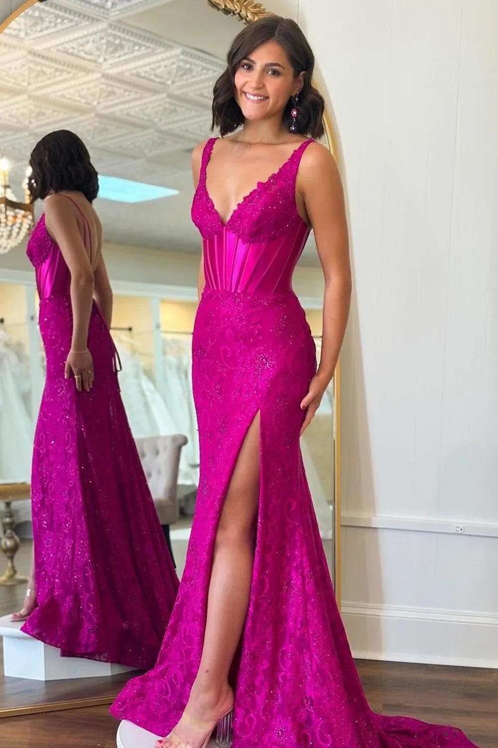 Blue Prom Dress V Neck Mermaid Corset Long Evening Dress with Slit