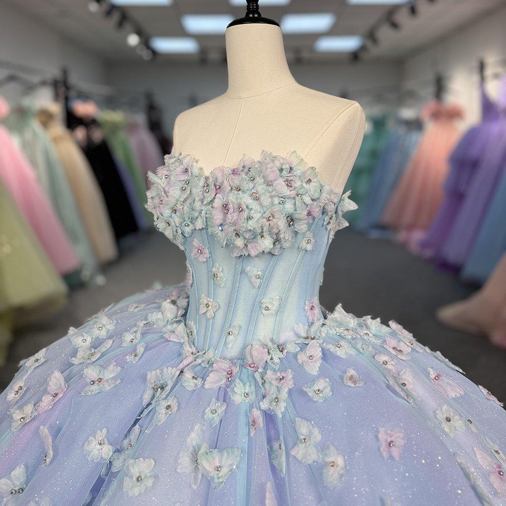 Blue Quinceanera Dress Strapless Appliques Beads Birthday Party For 15 Girls Ball Gown Dress