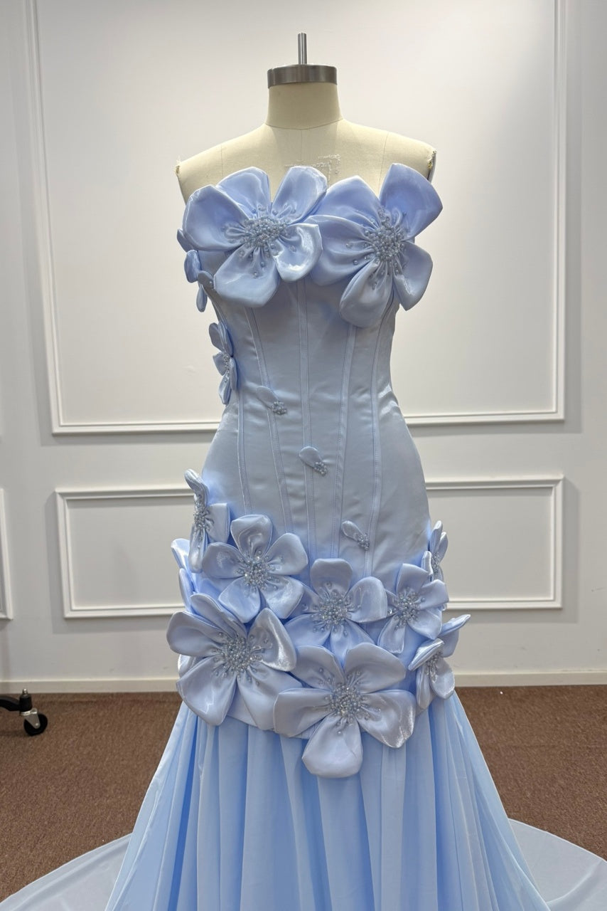 Blue Satin Mermaid Prom Dress with Strapless Neckline and 3D Flowers