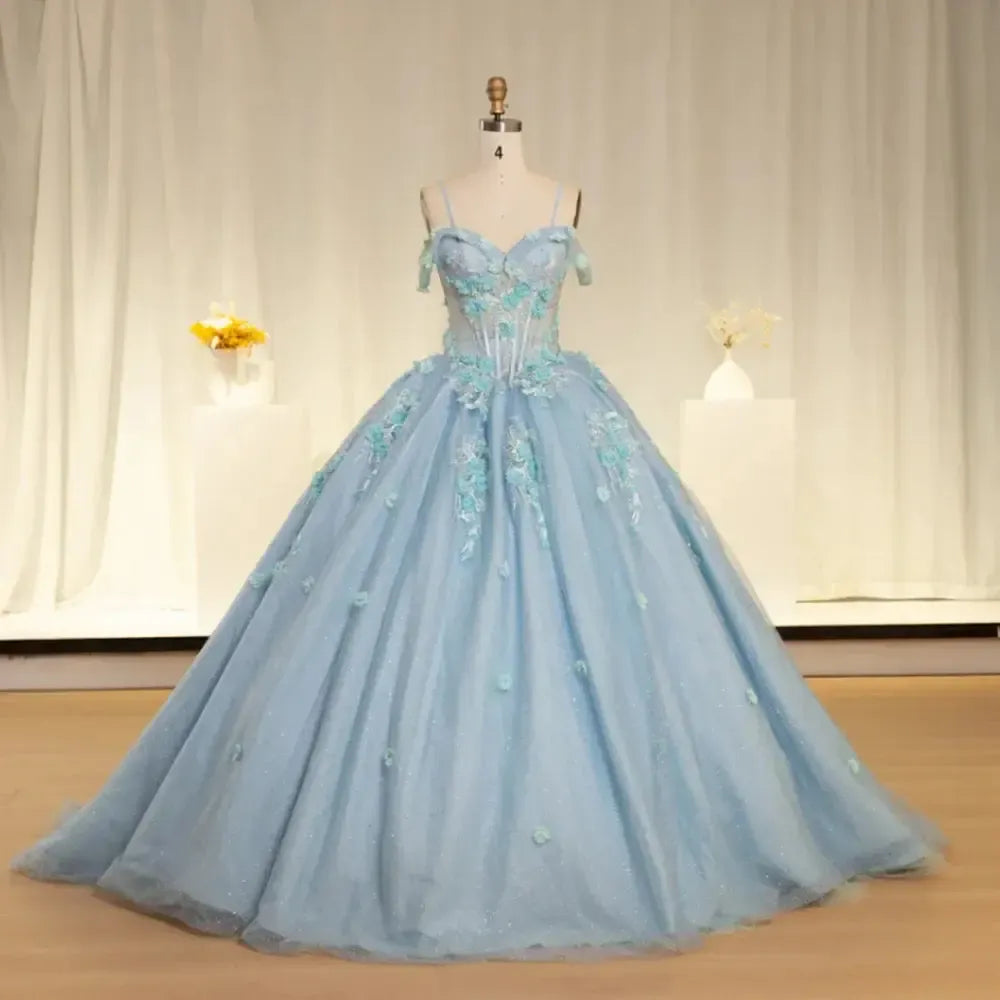 Blue Scoop Neck Quinceanera Dress Spaghetti Straps 3D Floral Appliques Ball Gown Romantic Prom Dress