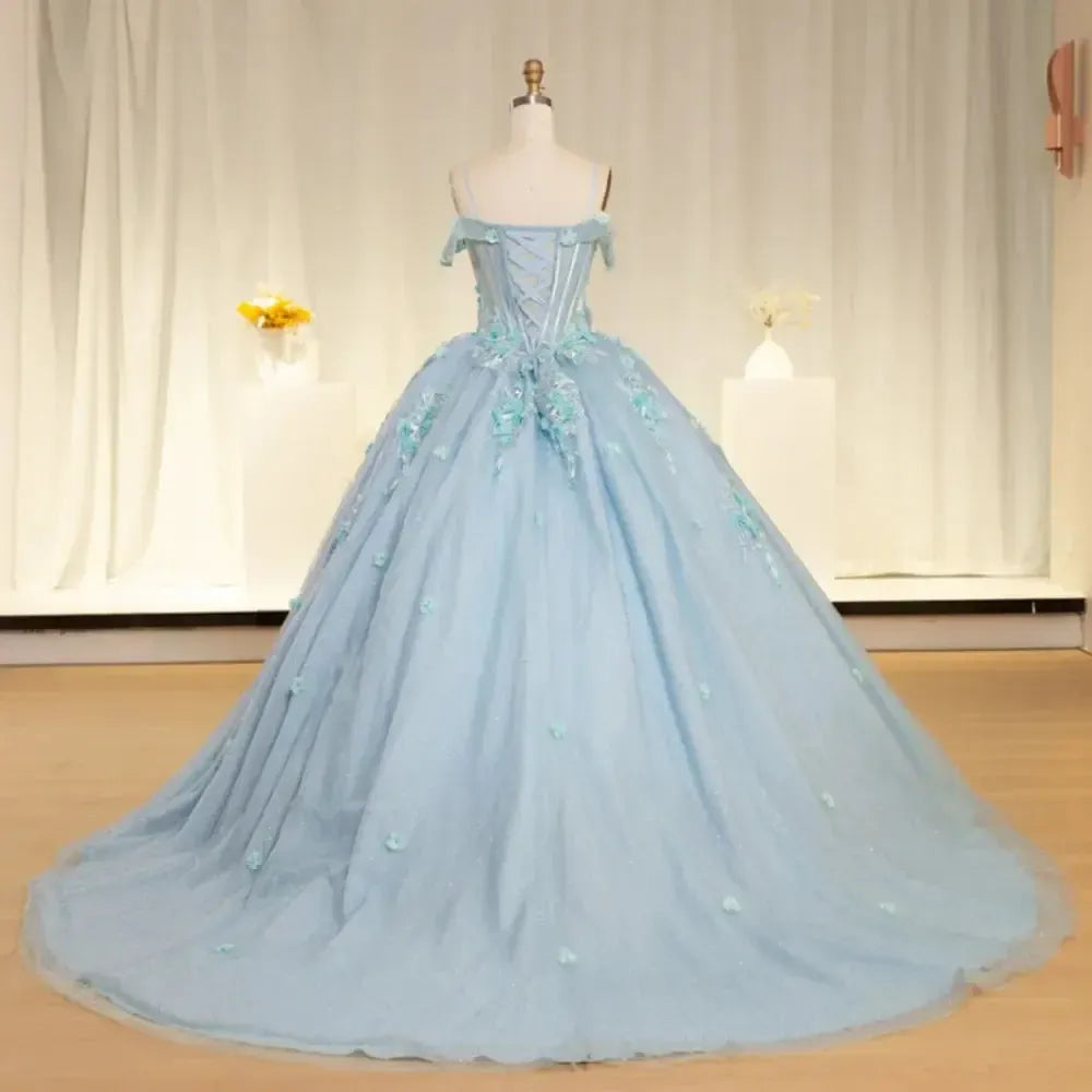 Blue Scoop Neck Quinceanera Dress Spaghetti Straps 3D Floral Appliques Ball Gown Romantic Prom Dress
