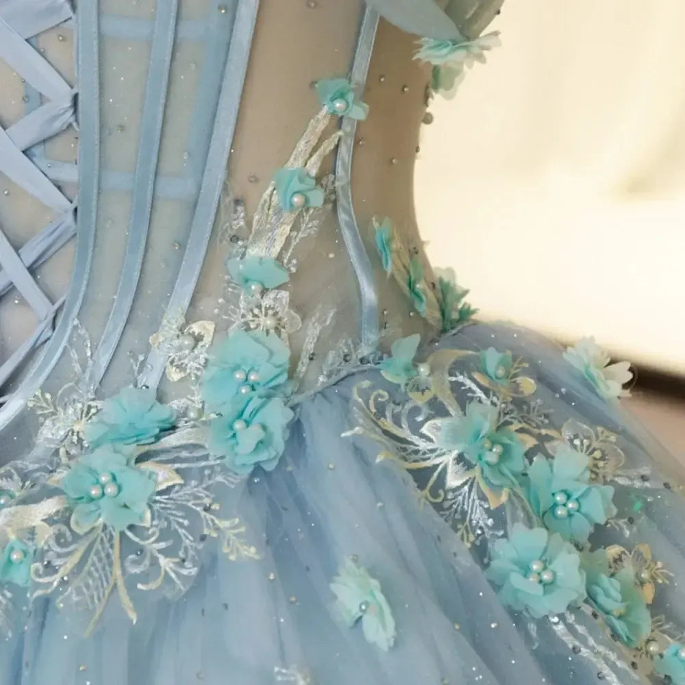 Blue Scoop Neck Quinceanera Dress Spaghetti Straps 3D Floral Appliques Ball Gown Romantic Prom Dress