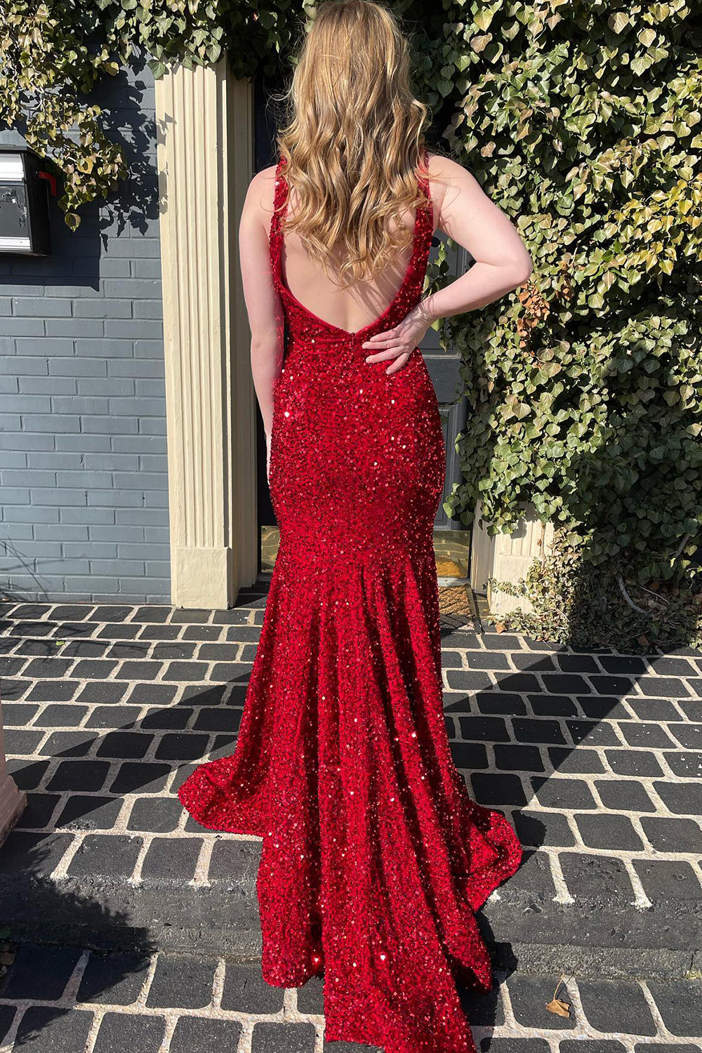 Blue Sequins Prom Dress Mermaid V Neck Evening Dress